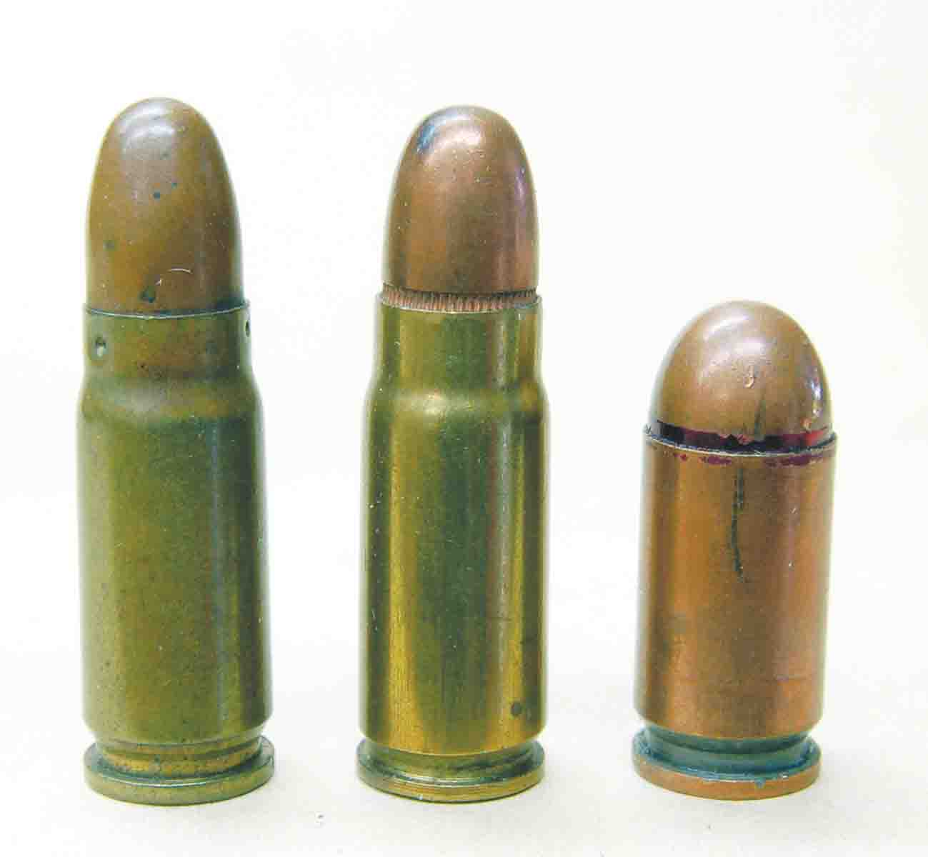 Left to right: The 7.62mm Russian Tokarev cartridge of 1930, the 7.63mm Mauser Tokarev of 1896 and the 9x18 Makarov.